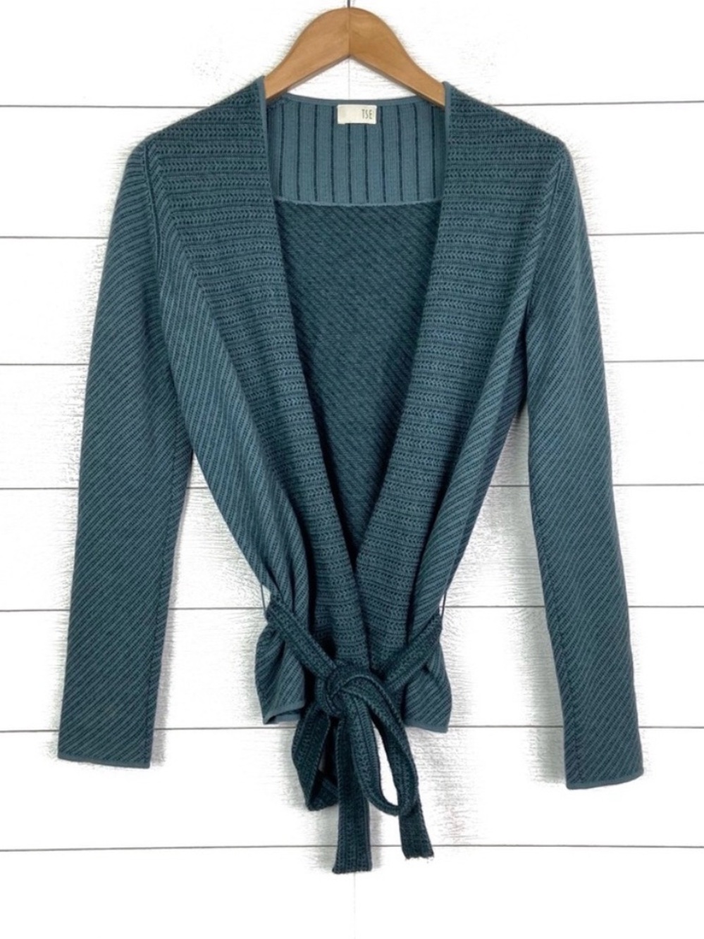 TSE Teal 100% Cashmere Wrap Tie Cardigan Sweater Size Medium | Luxury Knit